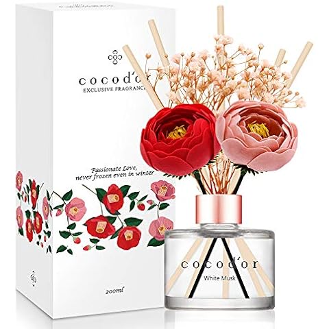 COCODOR Camellia Preserved Flower Reed Diffuser/White Musk/6.7oz(200ml)/Reed Diffuser Set, Oil Diffuser & Reed Diffuser Sticks, Home Decor & Office Cover