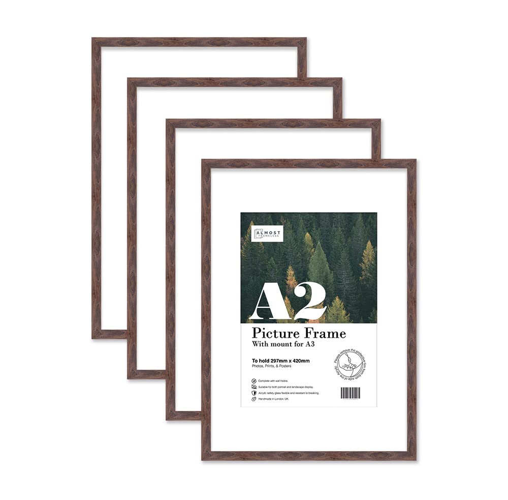 Almost Frameless Walnut A2 Picture Frame Set Of 4, Display A3 Pictures With Mount Or A5 Without Mount Gallery Wall, Poster, Photo, Artwork, Or Print,