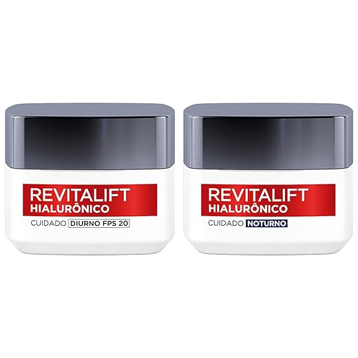Kit de Skincare L'Oréal Paris Revitalift Hialurônico Creme Diurno FPS 20 + Creme Noturno, Tratamento Antirrugas Preenchedor com Ácido Hialurônico Puro 49g