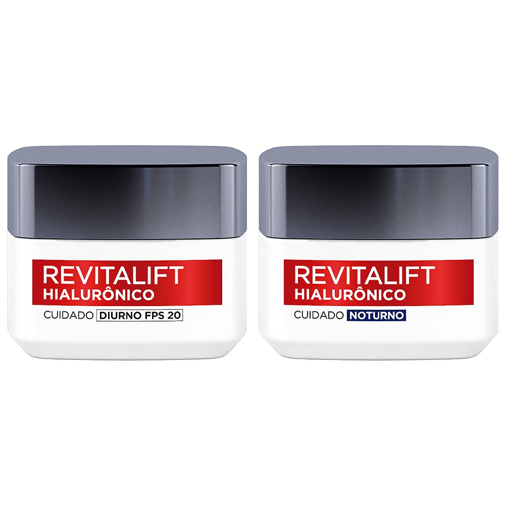 Kit de Skincare L'Oréal Paris Revitalift Hialurônico Creme Diurno FPS 20 + Creme Noturno, Tratamento Antirrugas Preenchedor com Ácido Hialurônico Puro 49g