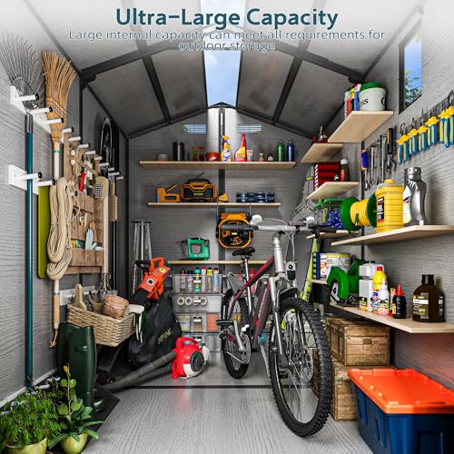 Image of WUKHG 6X8FT Resin Storage Shed with Floor and Ddrain Groove for Backyard | 14mm UV-resistant PP Panel, Top Vent, Lockable Double Door, Side Window, Transparent PC top panel, Suitable for Bike and Tool