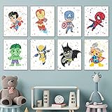  MKWDBBNM Aquarell Cartoon Superhelden Leinwand Malerei Poster und Drucke Wandkunst Bild für Kinderzimmer Schlafzimmer Dekor 25x35cmx8 Kein Rahmen