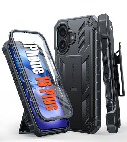 Coque iPhone 16 Plus FNTCASE antichoc noire 6,7" avec béquille intégrée