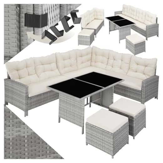 TecTake® Conjunto Jardín de Ratán con Mesa y Cojines, Conjunto Terraza Resistente a Rayos UV y Combinable, Muebles Jardín Exterior 5 Piezas, Sofá de Esquina, 2 Taburetes y 1 Mesa, Acero - Gris Claro