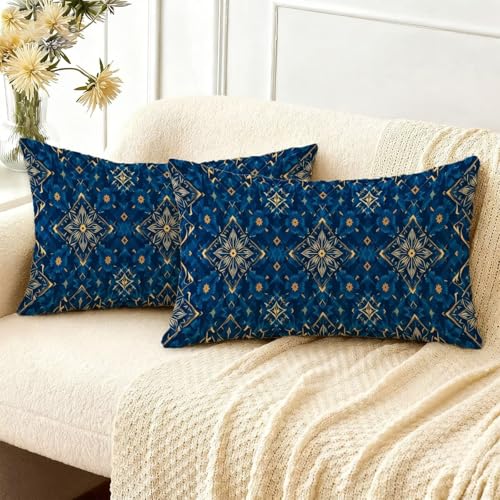 Housse coussin 50x70 velours design géométrique bleu - 3