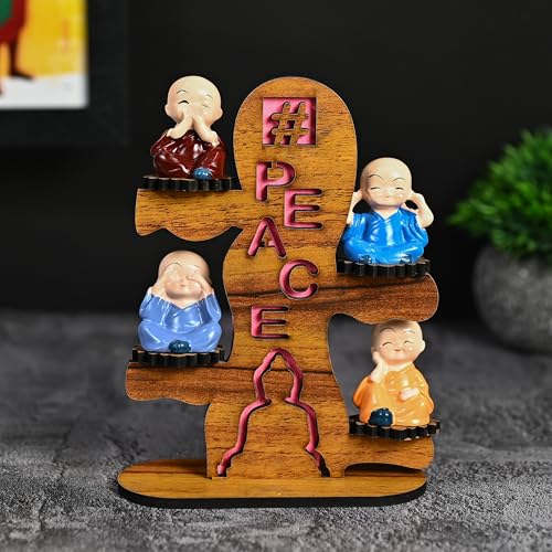 Image of ZAICUS Buddha Monk Showpiece for Home Office Decor Gift Item - 4 Baby Monk Figurines on Wooden Stand - Spiritual Statue for Decoration and Tabletop Display