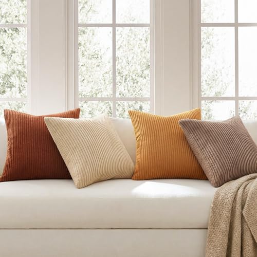 Image of Topfinel 20x20 Inch Pillow Covers Set of 4 Rustic Modern Soft Corduroy Striped Decorative Cushion Cover Yellow Brown Gradient Farmhouse Pillow Case for Sofa Couch Living Room Bedroom