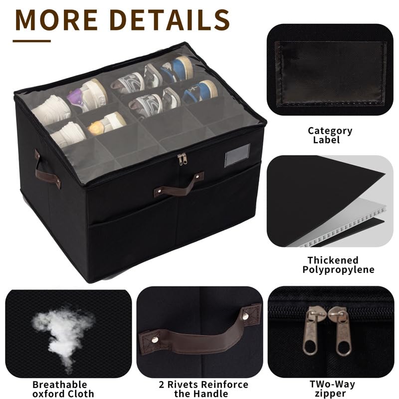 Grande scatola organizer per scarpe, 53 x 42 x 33 cm, multi-scomparto con coperchio trasparente (nero)
