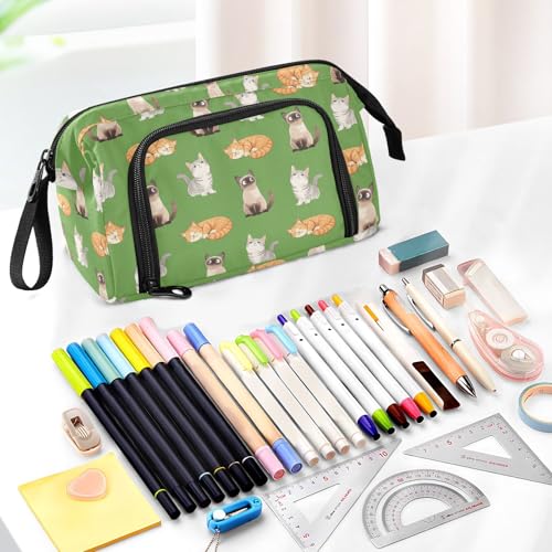 Image of Cat Print Big Capacity Pencil Pen Case Large Pencil Pouch | Portable Multi Compartment Zipper Pencil Bags Stationery Storage for Men Women College Office