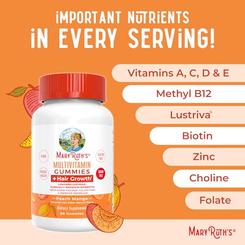 Image of MARYRUTH'S Multivitamin + Hair Growth Gummies | with Lustriva | Biotin 10000mcg | B Vitamins | Formulated for Thicker Hair, Wrinkles, Fine Lines, Skin Care | Ages 18+ | 30 Servings (Pack of 2)