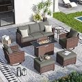 7 Pieces Patio Furniture Set with 44" Fire Pit Table, Outdoor Sectional Conversation Sets with Swivel Chair, Gas Fire Pit, Ottomans, Side Table, 4" Thick Cushion?for Backyard Garden Deck, Dark Grey