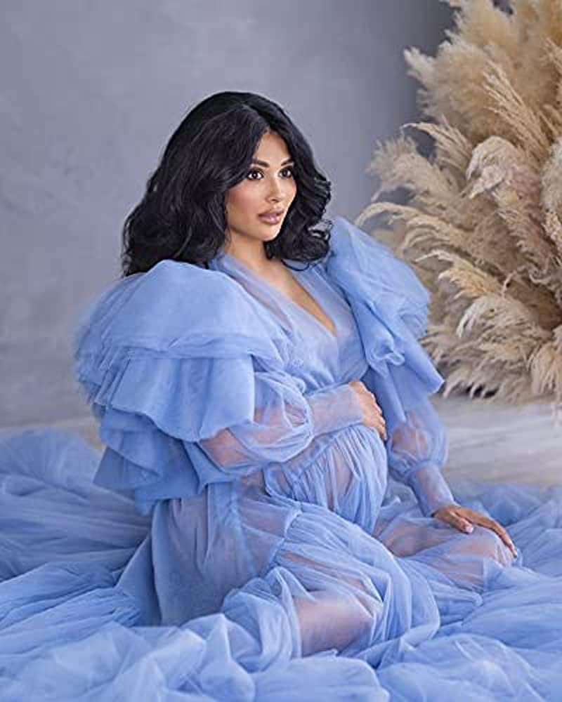 Women's Tulle Robe Sheer Night Gown Maternity photoshoot Baby Shower Party Dress