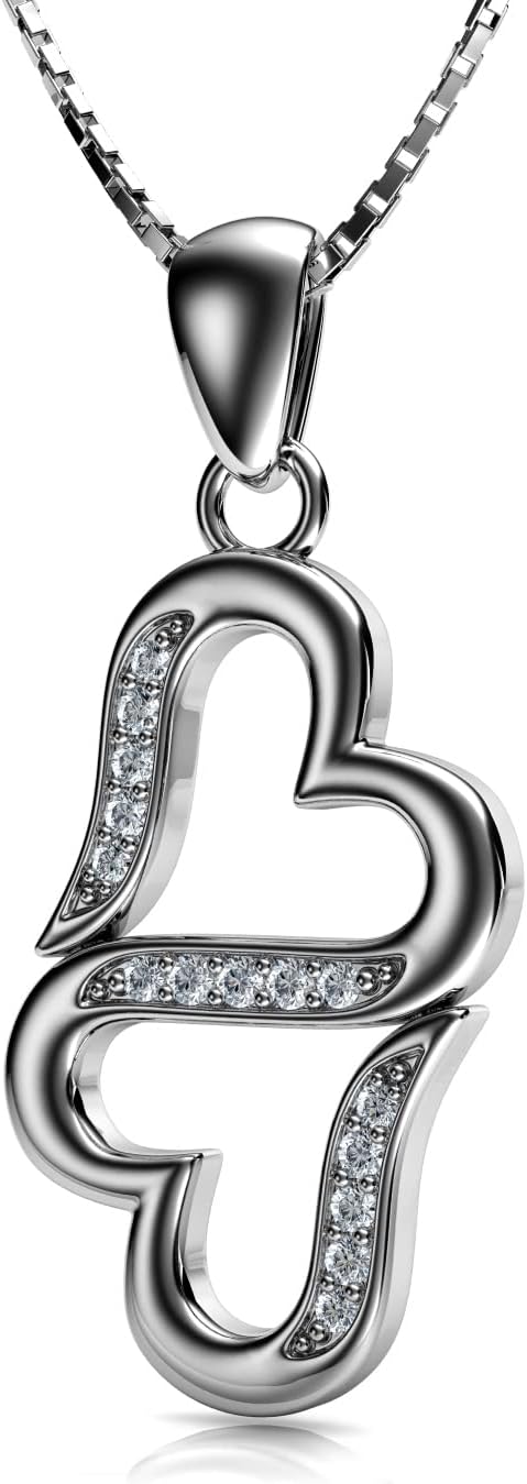 DEPHINI - Two hearts Necklace - Cubic zirconia Jewelry - Double heart 925 Sterling Silver pendant - Rhodium Plated - Image 4