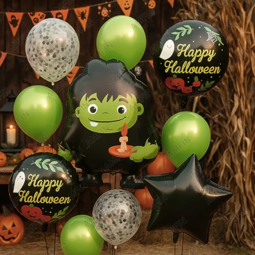 Image of AMFIN (Pack of 11) Halloween Balloon Decoration Set - Green Monster Foil Balloon with 2 inchHappy Halloween inch Round Balloons & 2 Black Star Balloons - Spooky Party Supplies for Kids & Adults