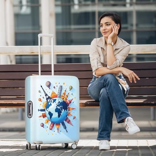 Image of World Travel Luggage Cover - Elastic Suitcase Protector with Iconic Landmarks and Hot Air Balloon Design, Stylish and Durable Wrap for 32''-34'' Travel Bags (Size XL)
