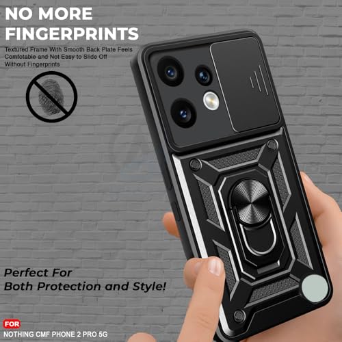 Image of AESTMO Tough Armor Bumper Back Cover Case for CMF by Nothing Phone 2 Pro 5G | Sliding Camera Cover, Kickstand & Ring Holder | 360 Protection Cover for Nothing CMF Phone 2 Pro (Black)