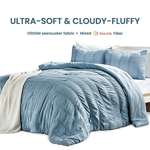 Sleep Zone Luxury Seersucker Queen Comforter Set 3-Piece, Soft & Lightweight Down Alternative Bedding Comforter With Pillow Sham Cooling For Summer, Blue #TOP2