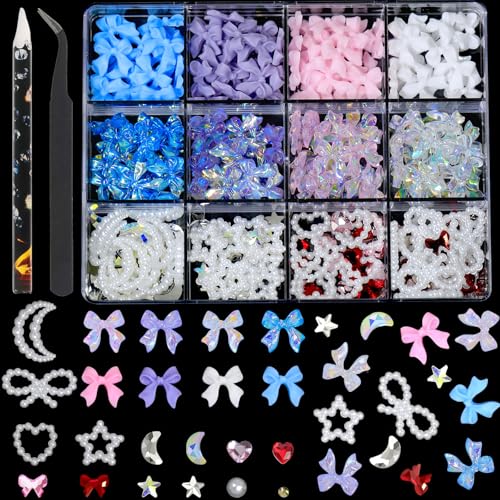 3D Multi Shapes Nail Charms Flatback Pearls White Heart Moon Pearl Colourful Bow Nail Charms Nail Gems Diamond Flatback Rhinestones For Nail Art DIY Crafts Designs Decoration With Tweezers Pickup Tool
