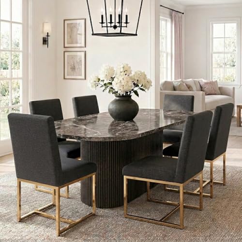 Image of HNY Modern Dining Chairs Set of 6, Upholstered Linen Dining Room Chairs with Ergonomic Back & Polished Gold Metal Frame for Home, Kitchen, Apartment, Charcoal Black