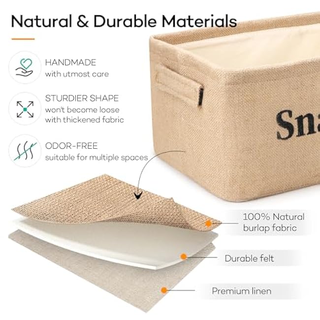 2 Pack Snack Storage Organizer Basket Bins for Pantry Shelf and Countertop, Large Burlap Snacks Basket Container for Kitchen Office Popcorn Candy Pretzels and more