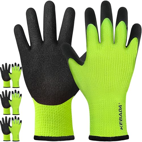 Image of Kebada T3 Winter Work Gloves for Men and Women, Long Cuffs, 3 Pairs, Green | X-Large, warm knit gloves, fleece-lined, latex coated, non-slip grip. Ideal for freezer work, mechanical and construction