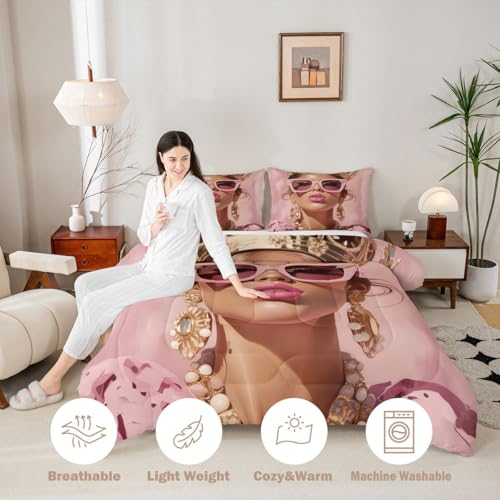 Image of Erosebridal Pink Black Girls King Comforter Set Luxury African American Bedding Set for Girls Women Modern Fashion Woman Room Decor Afro Black Woman Duvet Insert (1 Comforter, 2 Pillowcases)