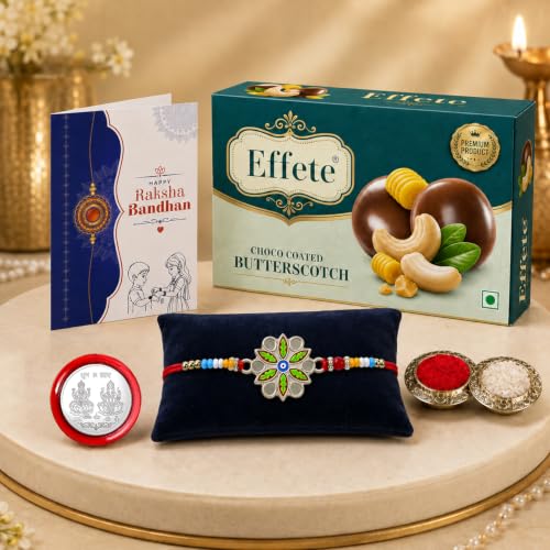 Image of DeoDap Rakhi with Chocolate for Brother - Floral Design Rakhi with Butter Scotch Chocolate 32 Gm, Tilak Set, Silver Color Pooja Coin, Greeting Card - Raksha Bandhan Combo for Bhai