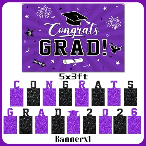 Image of 2026 Graduation Decorations, Purple Themed Class of 2026 Decorations Set, Congrats Grad Backdrop, Photo Banner, Door Banner, Balloons and Pom Poms Supplies for High School College Graduation Party