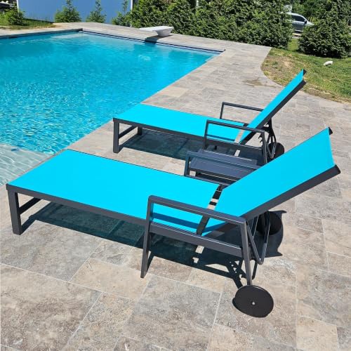 Image of PURPLE LEAF Patio Chaise Lounge with Wheels & Armrests, Turquoise Blue