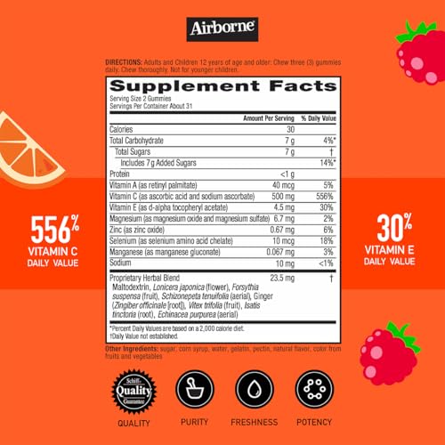 Image of Airborne 500mg Vitamin C + Zinc Immune Support Supplement Gummies for Kids, Assorted Fruit Flavor, Gluten Free Crafted Blend with Powerful Antioxidants Vitamins C & E, 63 Gummies (4 Pack)