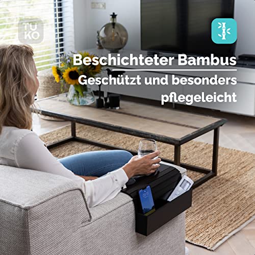 Sofatablett Tuko mit Armlehne aus Bambus und Getränkehalter