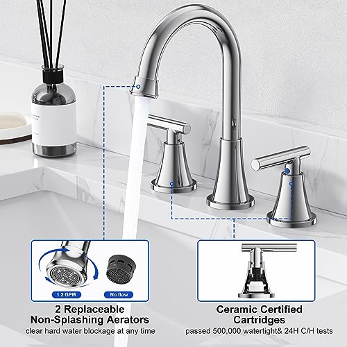 Image of Bathroom Faucet 3 Hole, Chrome Faucets with Pop-up Drain and Supply Lines | Hurran Stainless Steel Lead-Free Widespread Bathroom Sink Faucet for Vanity RV Restroom Laundry Outdoor Camper, 2 Pack