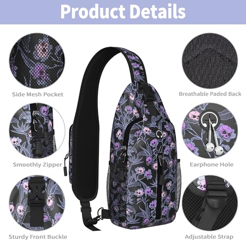 Image of Skull Goth Sling Bag For Women Men Small Crossbody Bags Halloween Gothic Mini Water Resistant Casual Chest Bag Backpack Shoulder Daypack For Travel Hiking Gifts