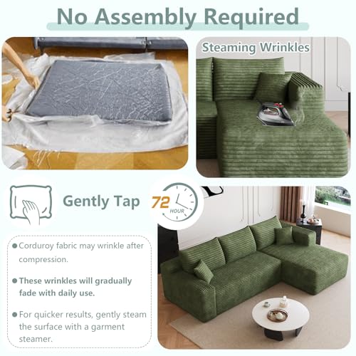 Image of 95 inch Modular Sectional Sofa, Modern Corduroy Cloud Couch with Side Pockets, Boneless Couch Upholstered 3-Seater L-Shaped Sofa for Living Room, No Assembly Required (Green,Right-Facing Chaise)