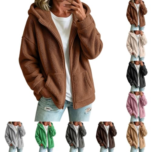 Sherpa Fleece Jacket Women Casual Warm Cozy Full Zip Hooded Coats Coffee - image 1