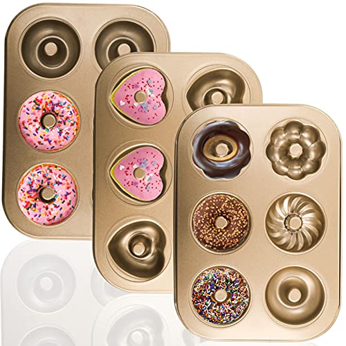 Dicunoy 3 Pack Donut Baking Pans, 6 Cavity Non-stick Mini Doughnut Baking Molds, Individual Carbon Steel Bakeware Baked Treats for Bagel, Cake Baking