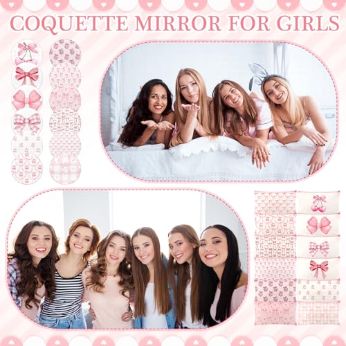Chunful 24 Pcs Coquette Bow Party Favors 12 Canvas Makeup Bags 12 Coquette Aesthetic Compact Mirror Zipper Pouch Round Pocket Mirrors for Women Guests Quinceanera Party Favors(Pink,Cute Style)4