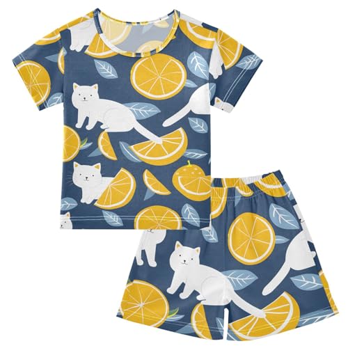 ALAZA Cat Kitten Lemon Blue Pajamas Short Sleeve 2 Piece Sleepwear Top and Bottom Pajama Set Unisex