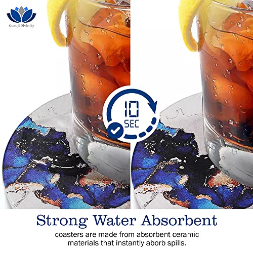 Coasters for Drinks, Round Absorbent Ceramic Stone Coasters Set of 6 with Cork Base, Funny Drink Coasters with Holder for Cold Drinks Wine Mugs and Cups Tabletop Protection, 4 Inches (Blue White)