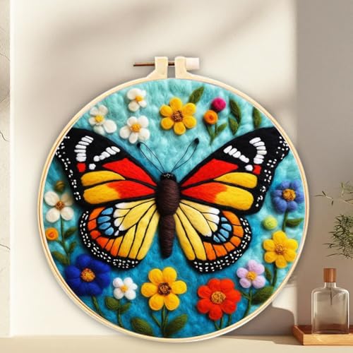 Kit de feutrage à l'aiguille papillons et fleurs avec cerceau de broderie en laine