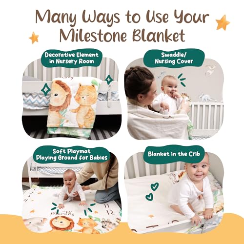 Image of KooKooBaby Baby Monthly Milestone Blanket - 47x47 Premium Fleece Milestone Blanket for Baby Girl and Boy - Safari Animals Monthly Baby Milestone Photo Background with Felt Circle Marker