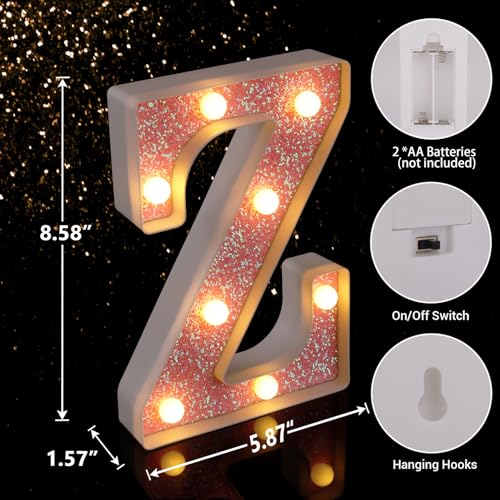 Image of LED Letter Lights Pink Glitter Marquee Letters Light Up Alphabet Letters Sign Battery Powered for Home Party Decoration Night Bar Wedding Birthday Christmas Lamp Girls Gift - Letter Z