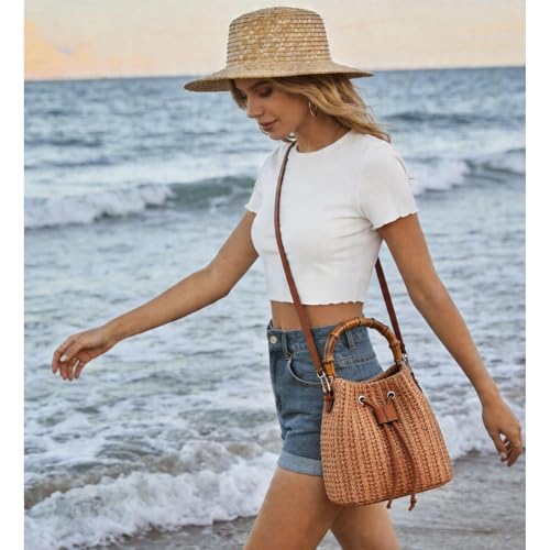 Image of RNIEGA Straw Crossbody Bag Summer Woven Bucket Bags for Women Beach Shoulder Purse Drawstring Handbag Vacation