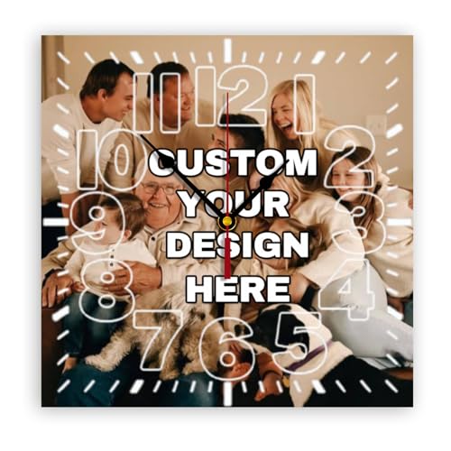 Reloj de Pared con Foto Personalizado,Personalizable con Foto y Texto, Reloj Cuadrado Silencioso Personalizado sin Tictac, para Cocina, Sala de Estar, Dormitorio, Baño, Hogar