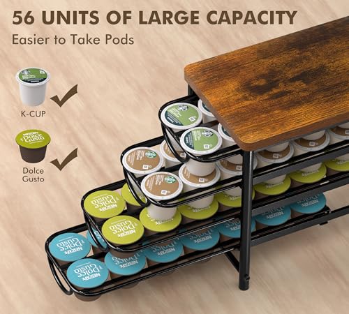 Image of HFHOME Coffee Pod Holder with Wooden Top, Compatible with K-Cups, 4-Tier Coffee Capsule Storage Drawer, 56 Capacity Pods Organizer for Kitchen Counter, Home, Office, Black