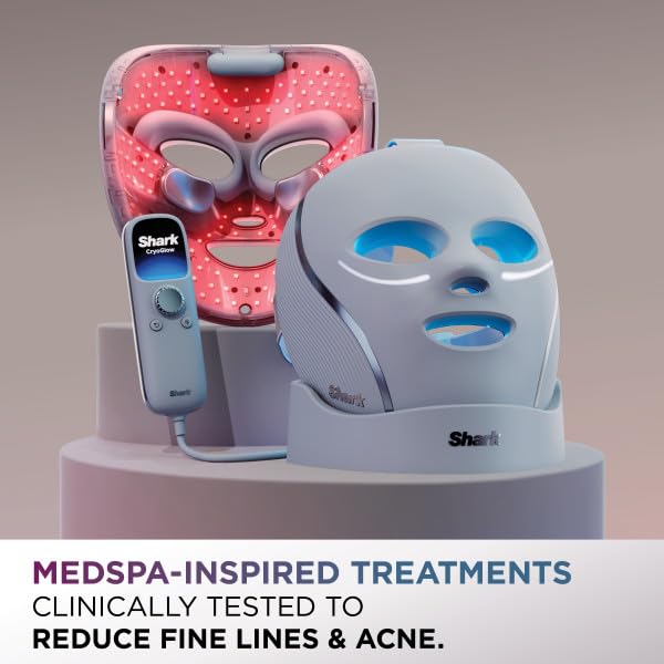 Image of Shark CryoGlow LED Face Mask with Under-Eye Cooling, Anti-Ageing & Blemish Repair, Red & Blue LED, Infrared Light Therapy, USB-C, Remote Control, Storage Bag, Adjustable Straps, Rose Glow, FW312PK