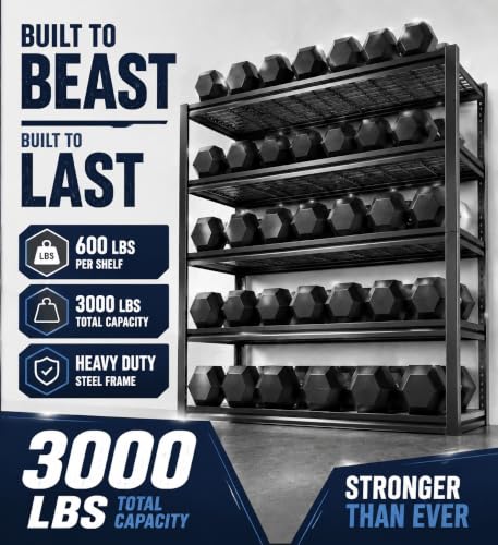 Image of Garage Shelving Heavy Duty Shelving Unit, 3000 LBS 5-Tier Adjustable Boltless Storage Rack, Organizer for Garage Warehouse Kitchen Basement Workshop Household Supplies, 72 inchH x 35.4 inchW x 15.7 inchD, Black