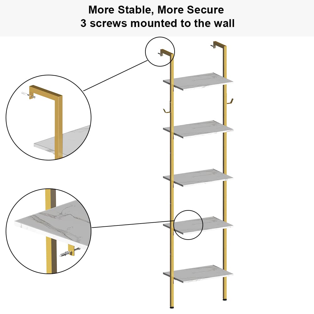 Tohomeor Modern Bookshelf Wall Mounted 5-Tiers Ladder Shelf Gold and White Wooden Bookcase Narrow Thin Bookshelf Open Display Storage Rack for Living Room Bedroom Home Office