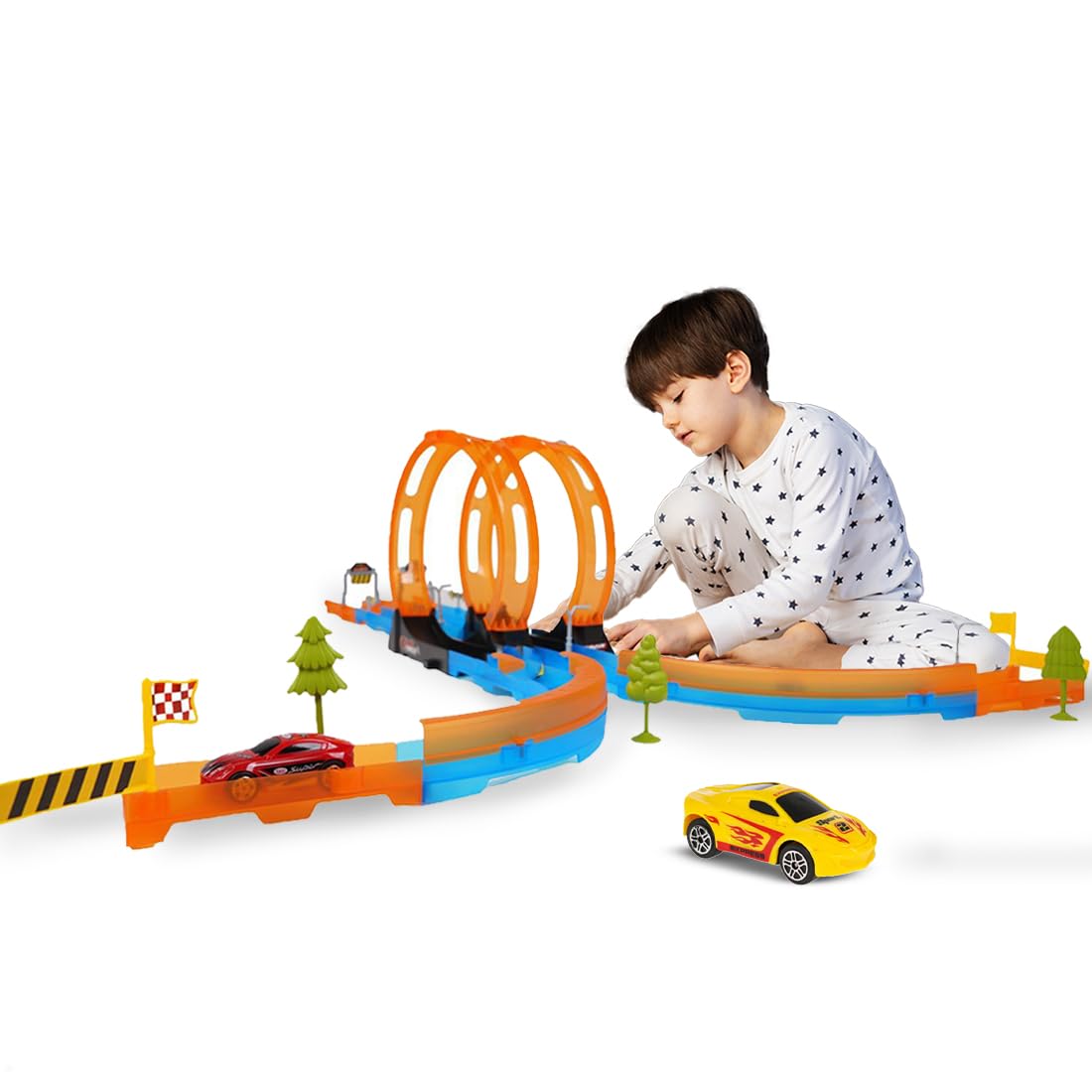 Wembley 29 Pieces Multiplayer Track Set Loop Diecast Car Racing Adventure Toys for Kids 3+ Years with Double Loop 360° Spin Way 2 1:64 Scale Pull Back Car-image-20