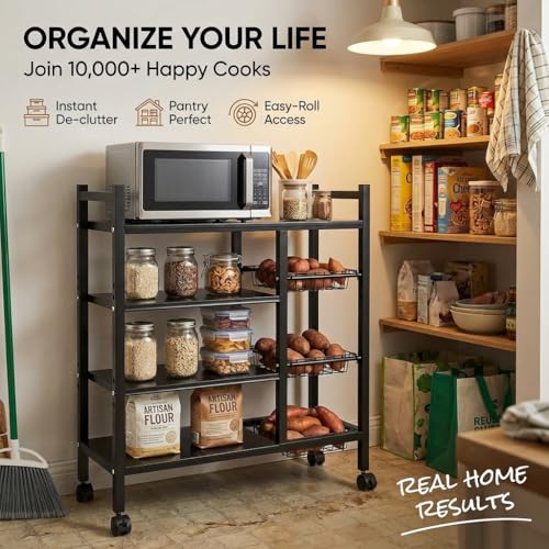 Image of COMFYHOME Kitchen Organizer Rack Shelf with Wheels - Adjustable 4-Tier Microwave Stand with Storage Shelves, Storage Rack with 3 Wire Baskets, Microwave Stand, Metal Kitchen Cart for Pantry